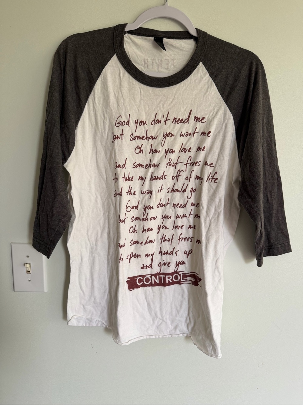Tenth Avenue North Concert White Tee with Charcoal Raglan Neck Burgundy Graphic